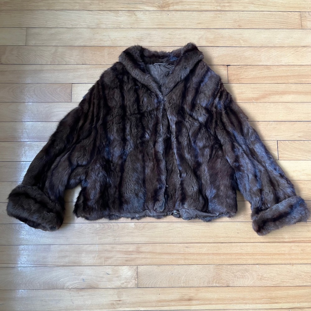 Vintage Real Fur Jacket Dark Brown Cropped Bolero Wide Cuff Mahogany Coat